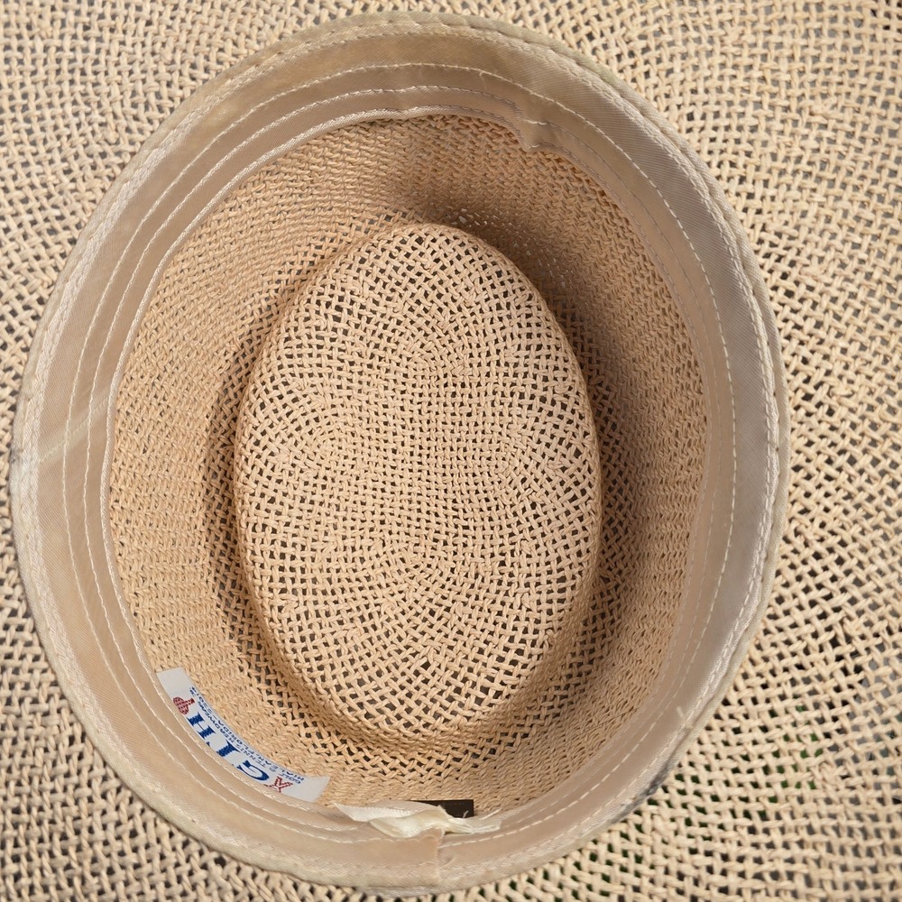 Woven Straw Sun Hat with Pastel Striped Ribbon Band Wide Brim Fedora Style - Picture 11 of 16